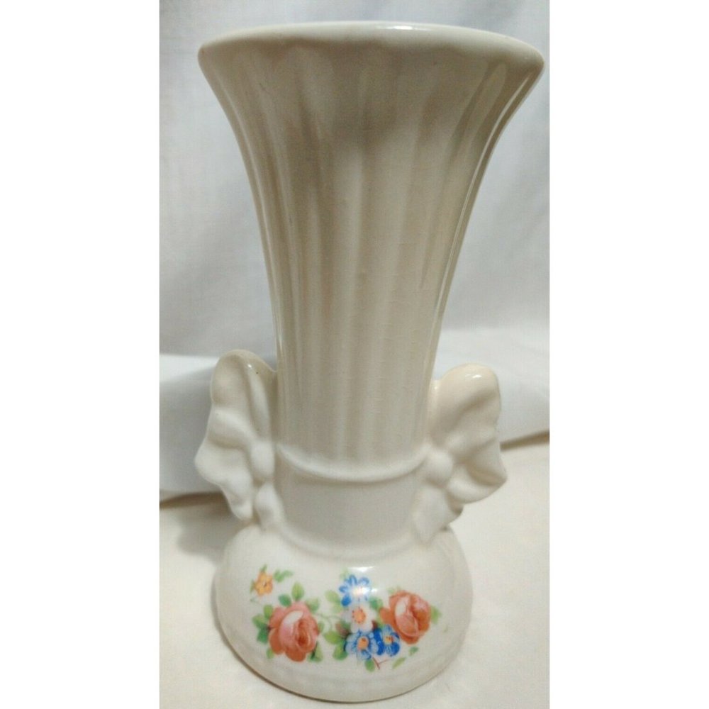 Vintage Ceramic White & Flowers Bow Handle Vase 6"